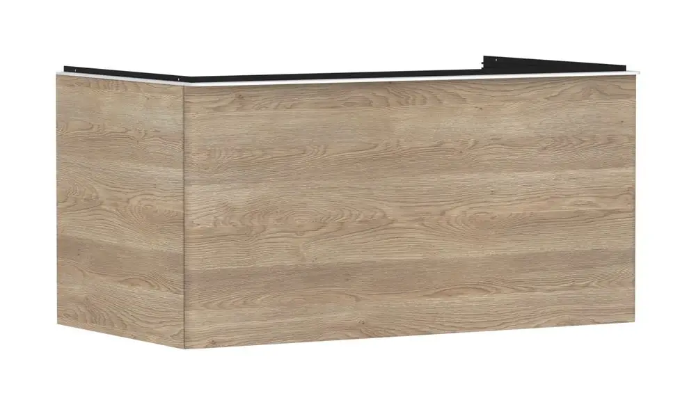 Küchenschrank in Holzoptik mit einer Schublade, gefertigt von Hansgrohe, ausgestattet für einen Aufsatzwaschtisch, mit glatter Oberfläche und einem klaren, funktionalen Design.